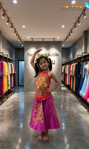 yếm đỏ váy hồng trẻ em